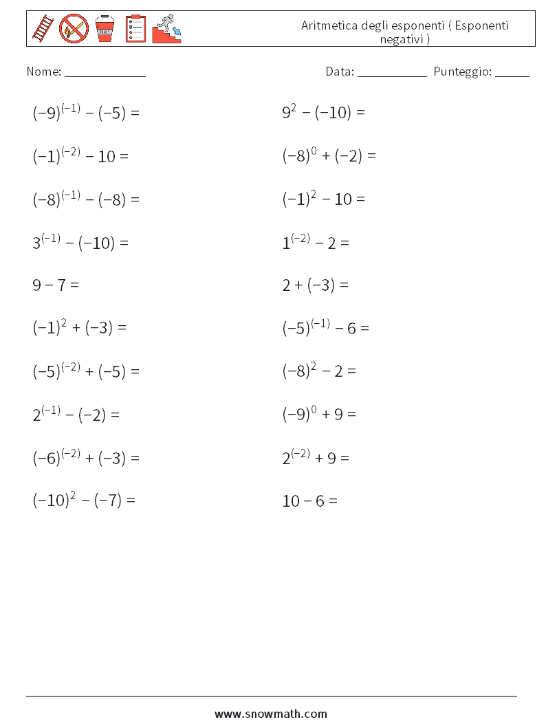  Aritmetica degli esponenti ( Esponenti negativi ) Fogli di lavoro di matematica 7