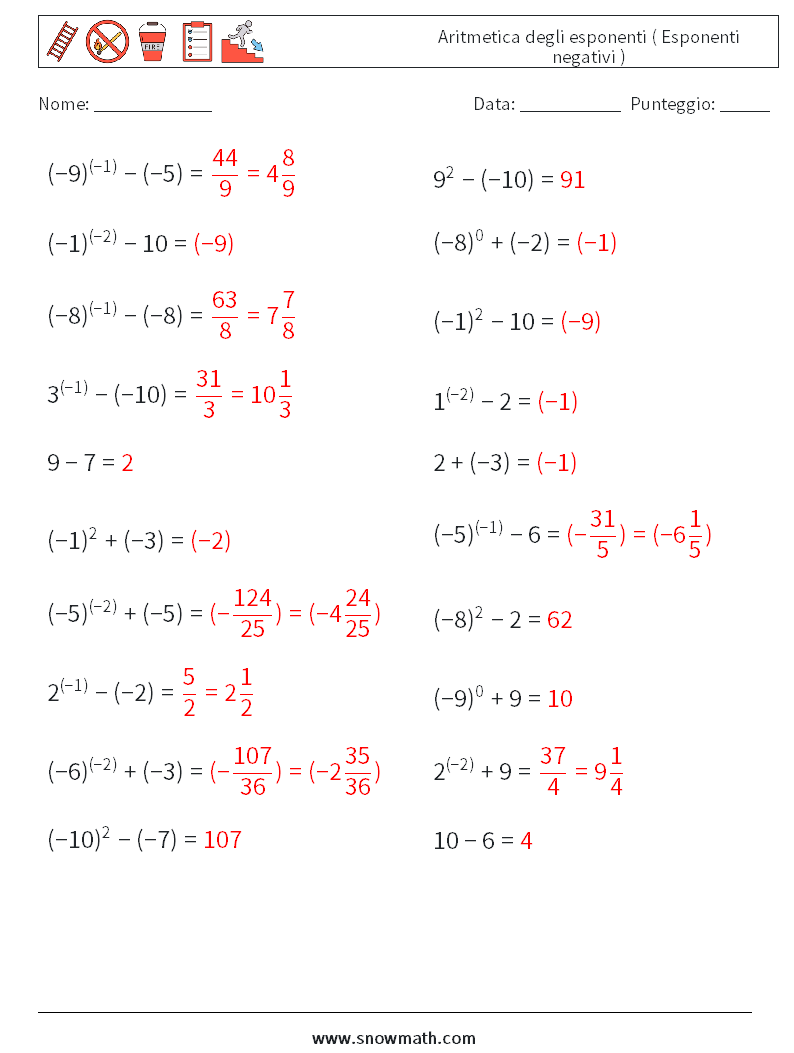  Aritmetica degli esponenti ( Esponenti negativi ) Fogli di lavoro di matematica 7 Domanda, Risposta