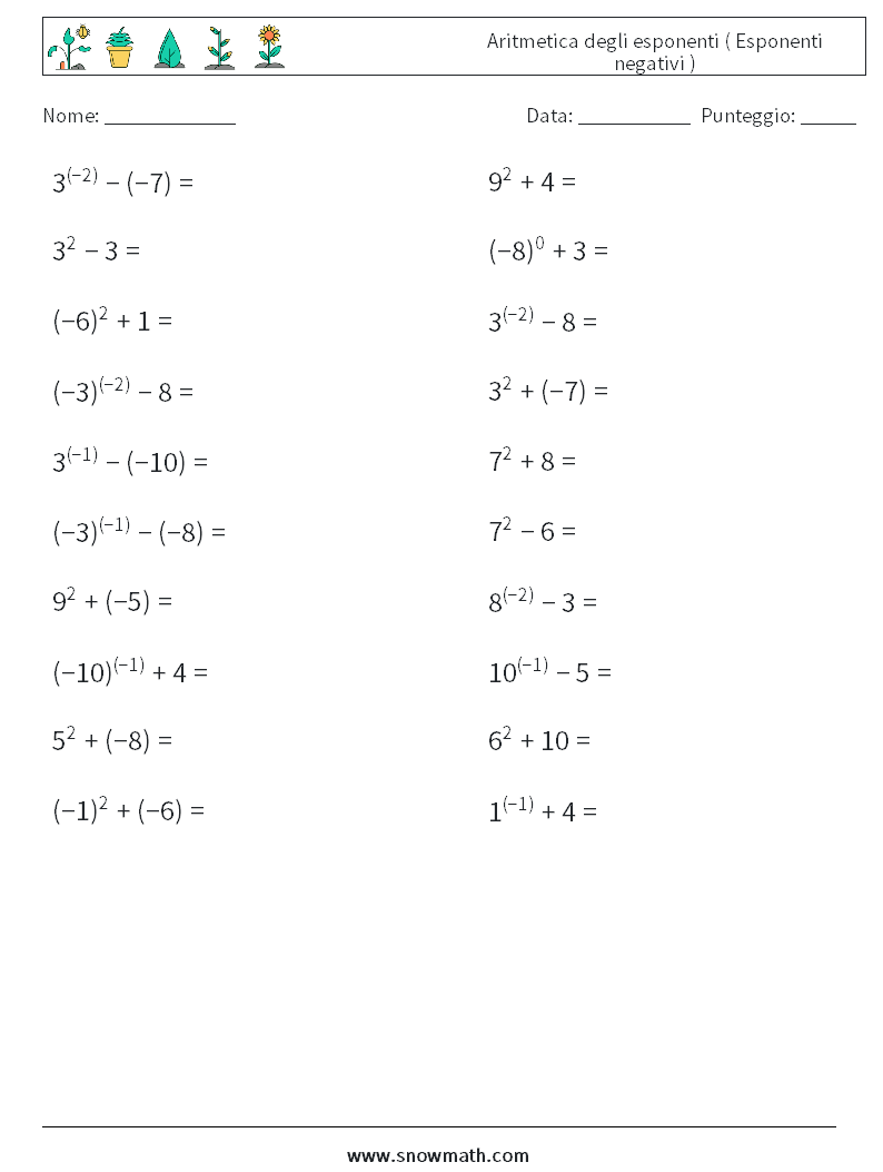  Aritmetica degli esponenti ( Esponenti negativi ) Fogli di lavoro di matematica 9