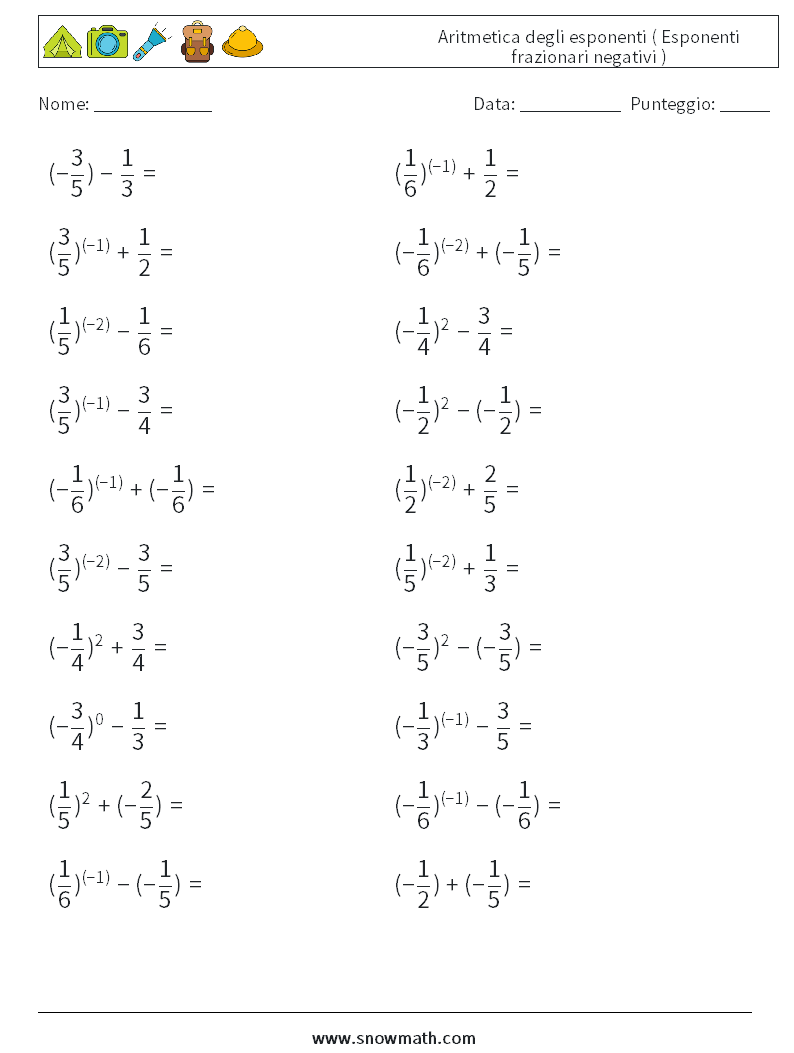  Aritmetica degli esponenti ( Esponenti frazionari negativi ) Fogli di lavoro di matematica 2