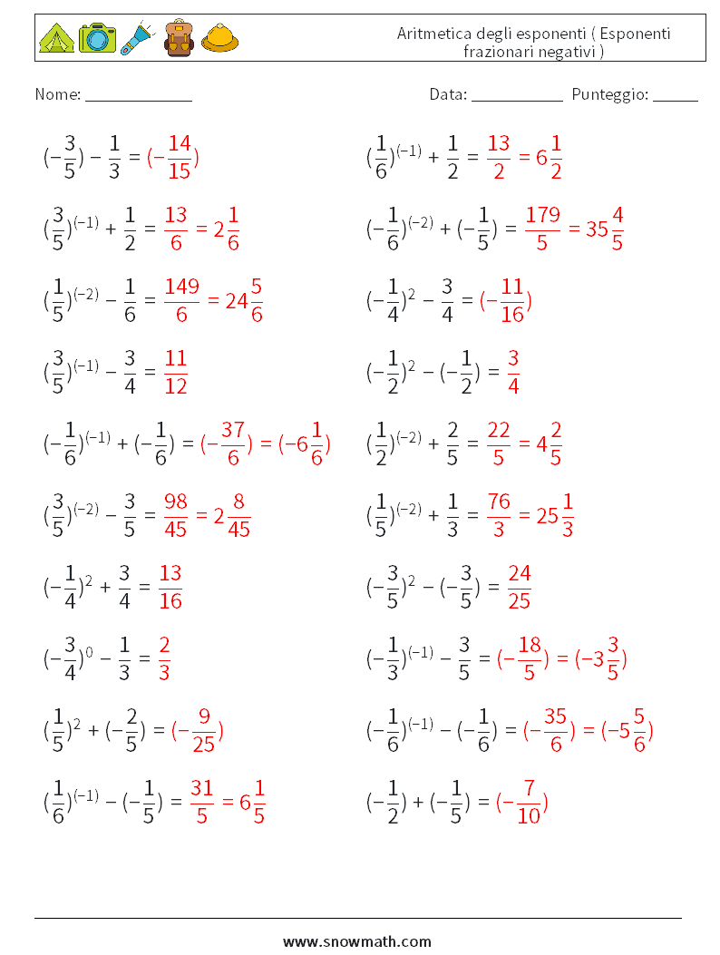  Aritmetica degli esponenti ( Esponenti frazionari negativi ) Fogli di lavoro di matematica 2 Domanda, Risposta