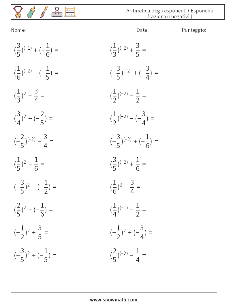  Aritmetica degli esponenti ( Esponenti frazionari negativi ) Fogli di lavoro di matematica 3