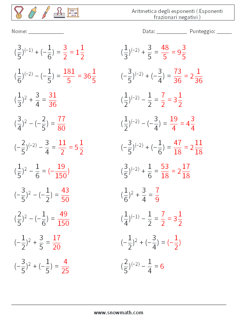  Aritmetica degli esponenti ( Esponenti frazionari negativi ) Fogli di lavoro di matematica 3 Domanda, Risposta