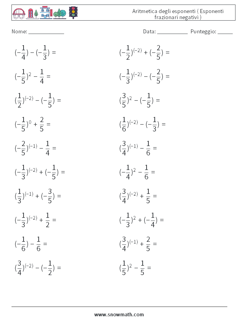  Aritmetica degli esponenti ( Esponenti frazionari negativi ) Fogli di lavoro di matematica 4