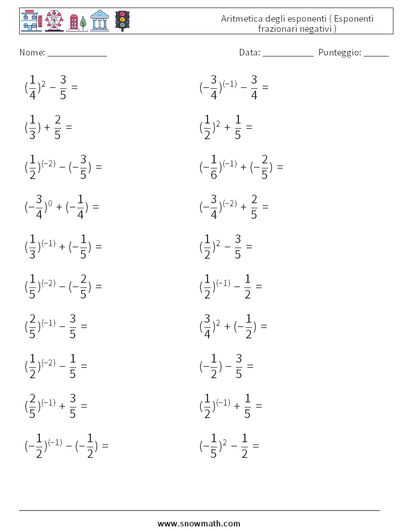  Aritmetica degli esponenti ( Esponenti frazionari negativi ) Fogli di lavoro di matematica 5