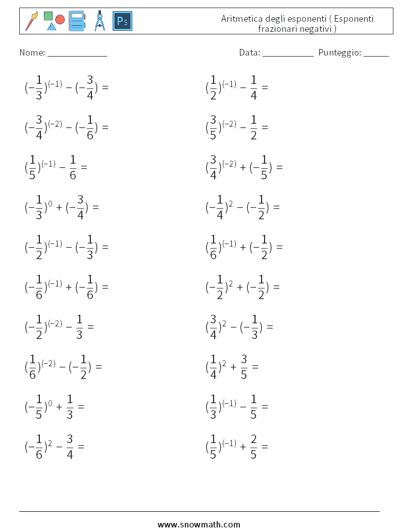  Aritmetica degli esponenti ( Esponenti frazionari negativi ) Fogli di lavoro di matematica 6