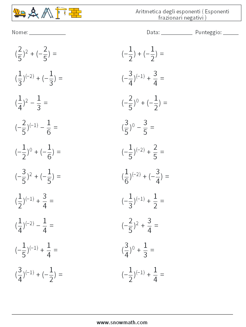  Aritmetica degli esponenti ( Esponenti frazionari negativi ) Fogli di lavoro di matematica 7
