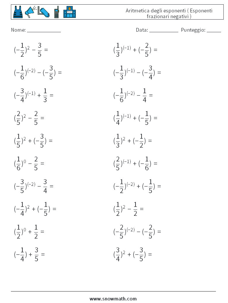  Aritmetica degli esponenti ( Esponenti frazionari negativi ) Fogli di lavoro di matematica 8