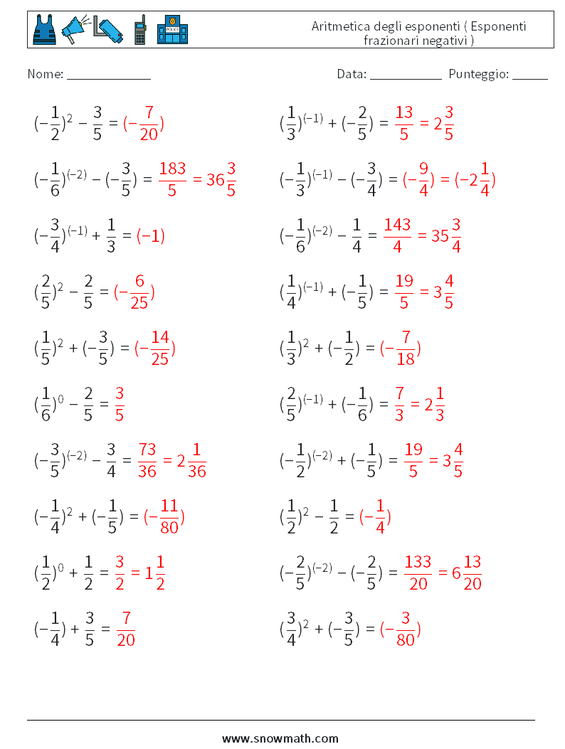  Aritmetica degli esponenti ( Esponenti frazionari negativi ) Fogli di lavoro di matematica 8 Domanda, Risposta