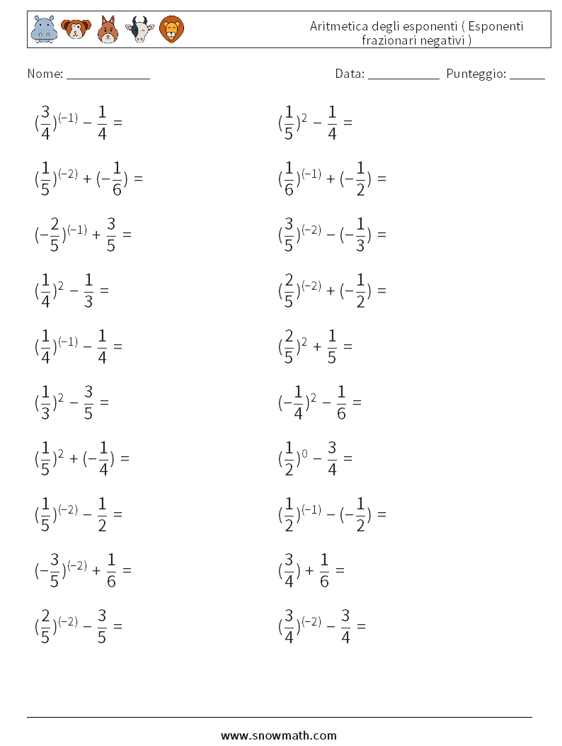  Aritmetica degli esponenti ( Esponenti frazionari negativi ) Fogli di lavoro di matematica 9
