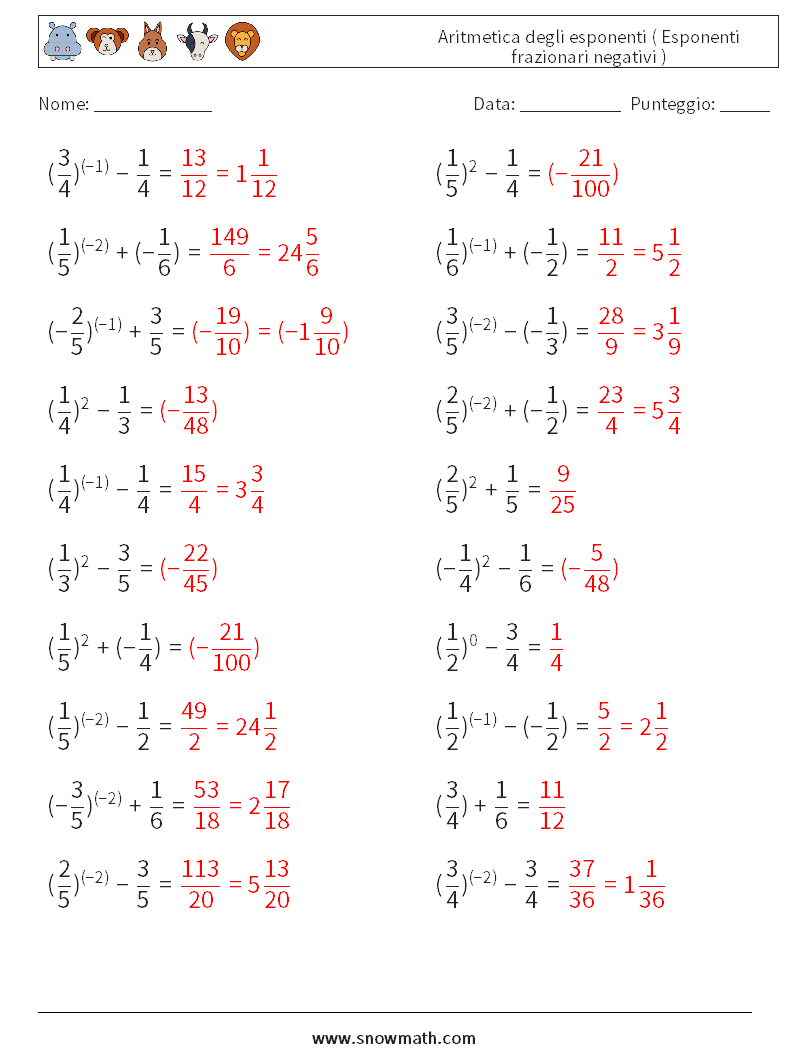  Aritmetica degli esponenti ( Esponenti frazionari negativi ) Fogli di lavoro di matematica 9 Domanda, Risposta