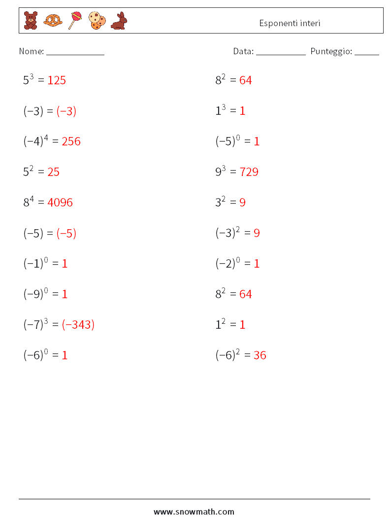 Esponenti interi Fogli di lavoro di matematica 2 Domanda, Risposta