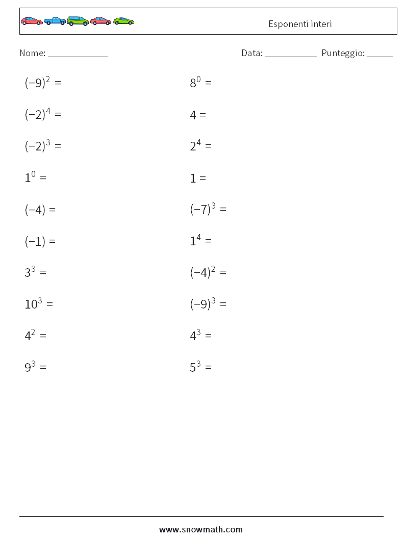 Esponenti interi Fogli di lavoro di matematica 3