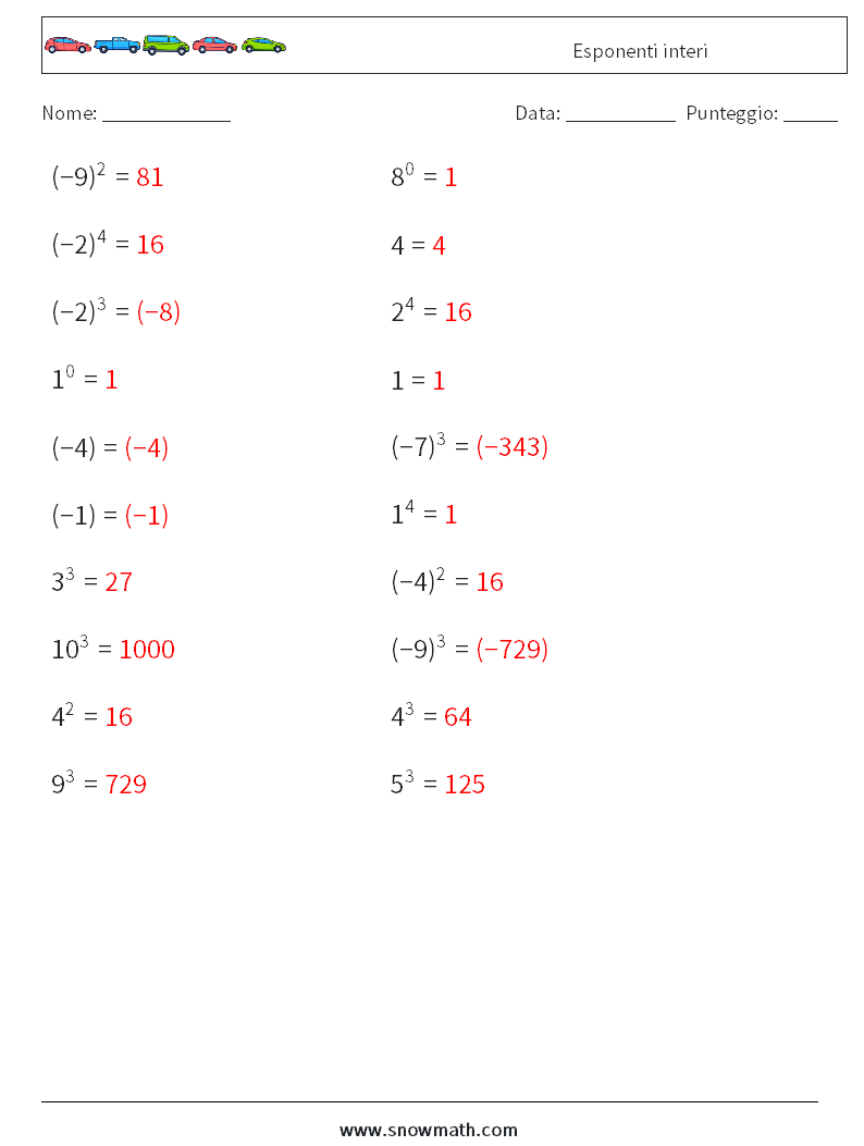 Esponenti interi Fogli di lavoro di matematica 3 Domanda, Risposta