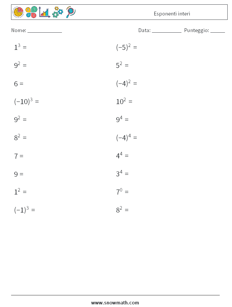 Esponenti interi Fogli di lavoro di matematica 4