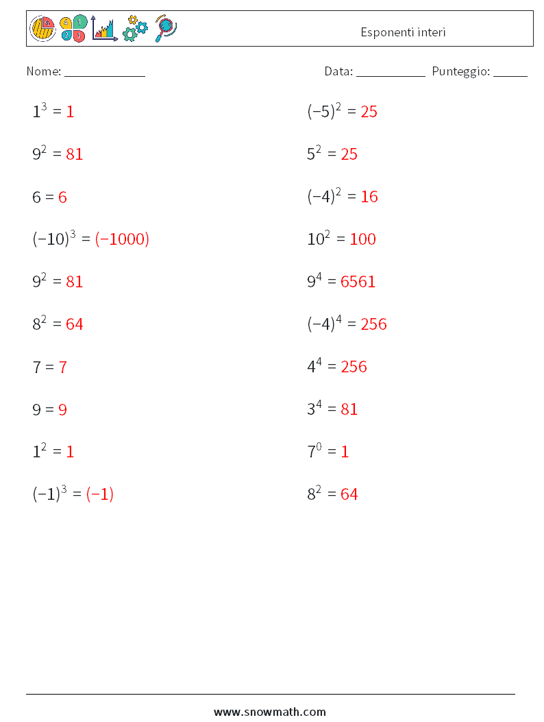 Esponenti interi Fogli di lavoro di matematica 4 Domanda, Risposta