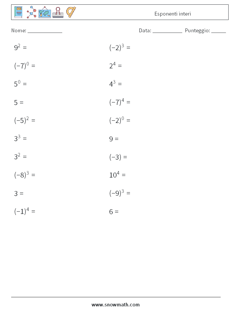 Esponenti interi Fogli di lavoro di matematica 5