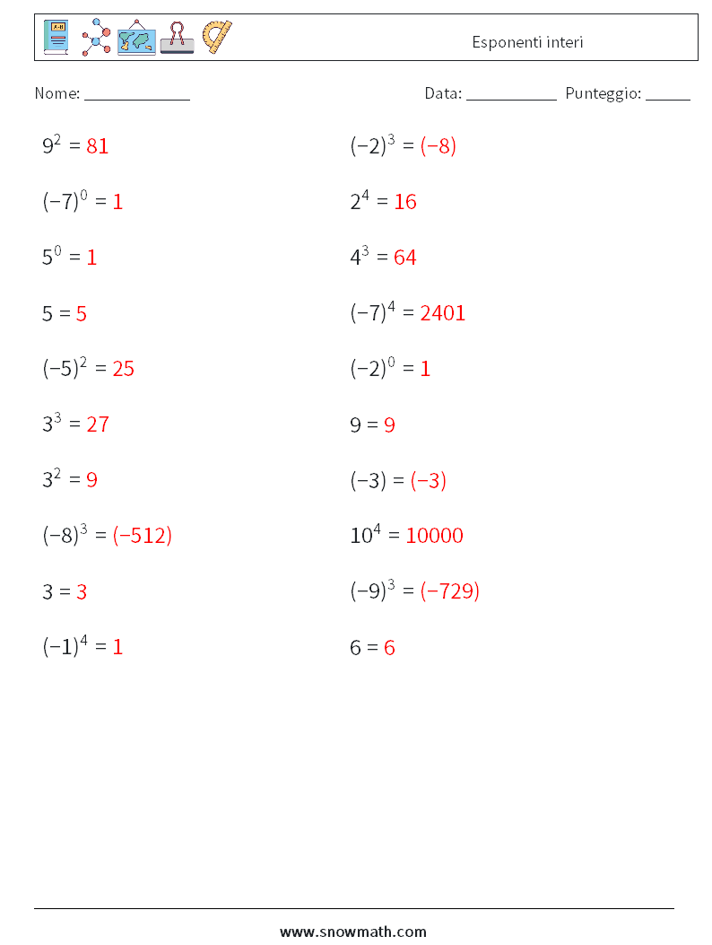 Esponenti interi Fogli di lavoro di matematica 5 Domanda, Risposta