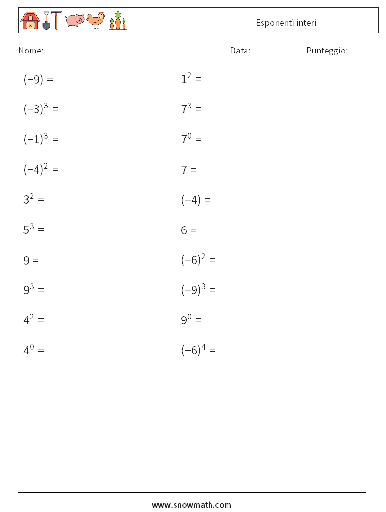 Esponenti interi Fogli di lavoro di matematica 6