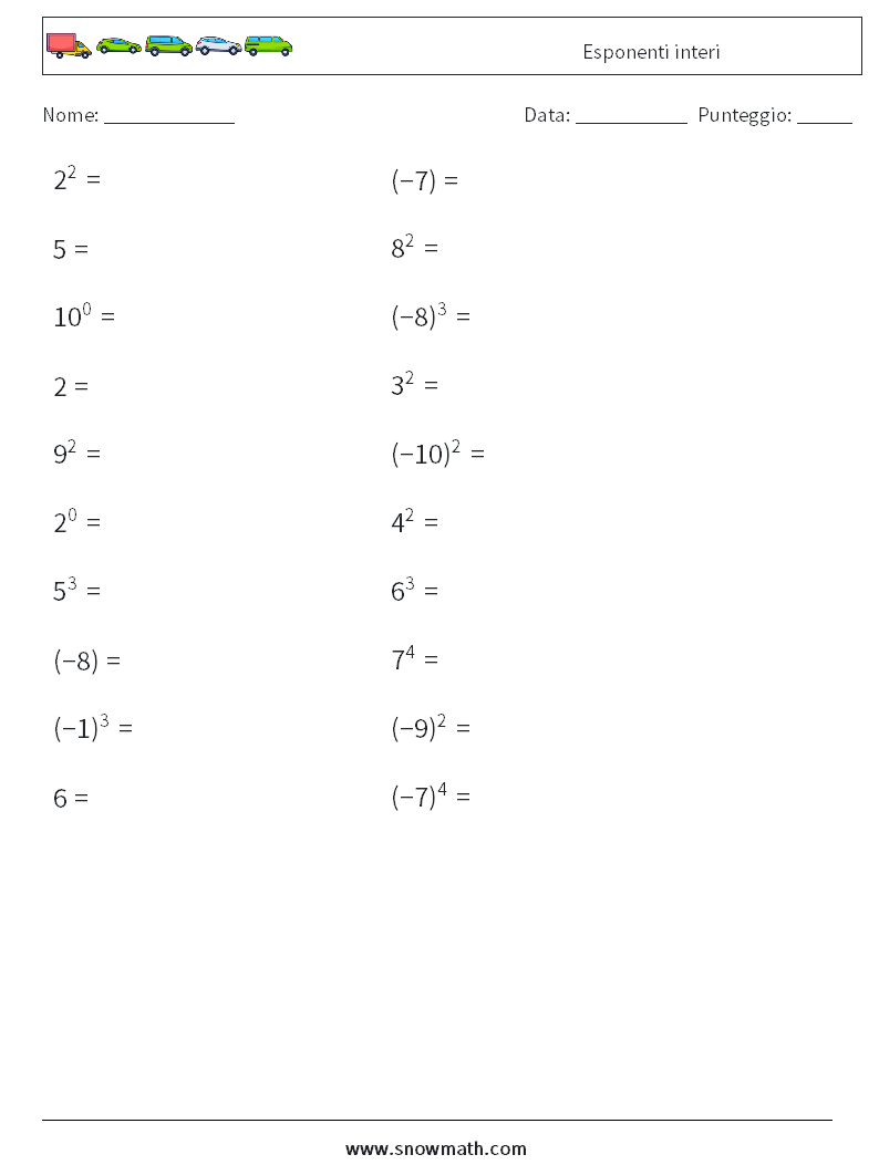 Esponenti interi Fogli di lavoro di matematica 7