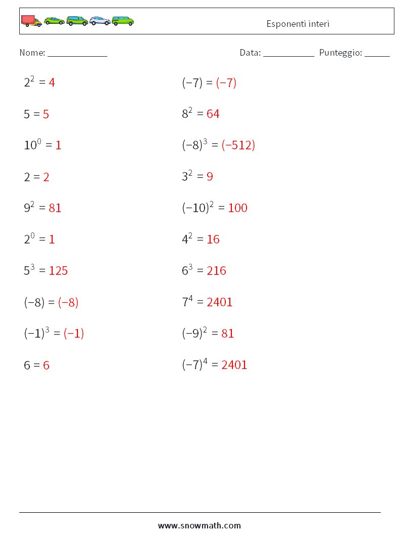 Esponenti interi Fogli di lavoro di matematica 7 Domanda, Risposta