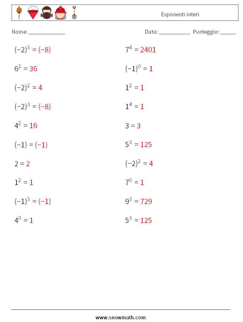 Esponenti interi Fogli di lavoro di matematica 8 Domanda, Risposta