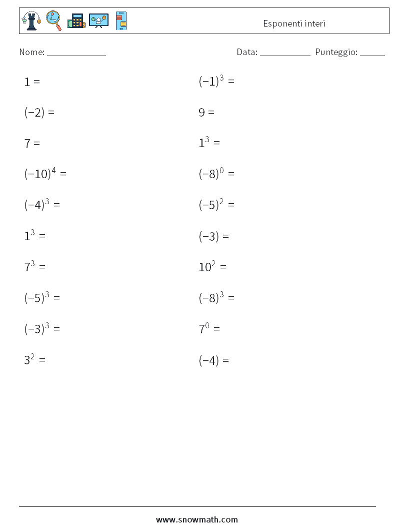 Esponenti interi Fogli di lavoro di matematica 9