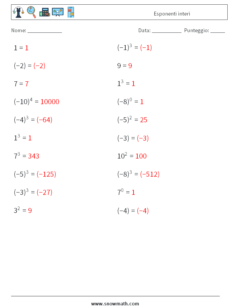 Esponenti interi Fogli di lavoro di matematica 9 Domanda, Risposta