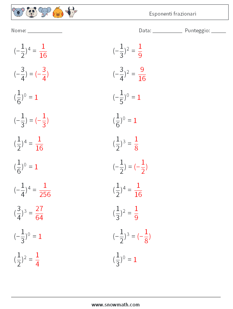 Esponenti frazionari Fogli di lavoro di matematica 1 Domanda, Risposta