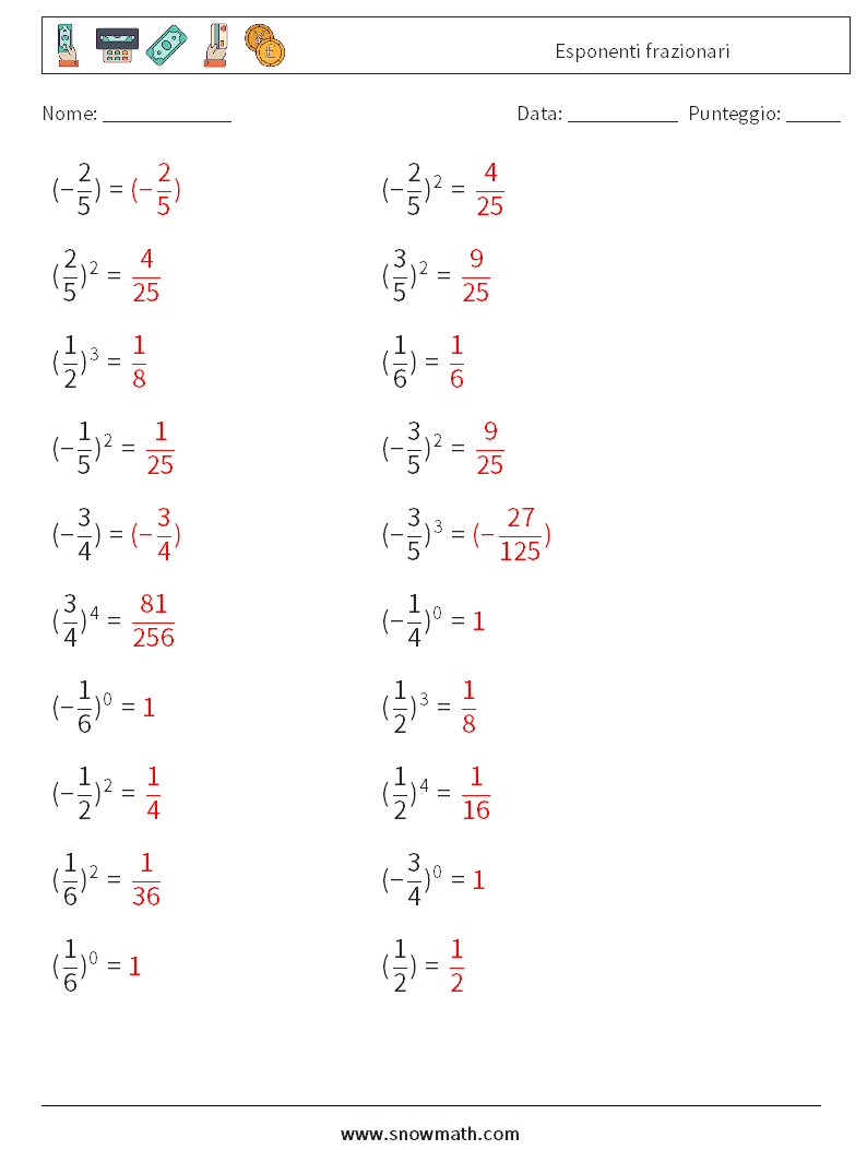 Esponenti frazionari Fogli di lavoro di matematica 2 Domanda, Risposta