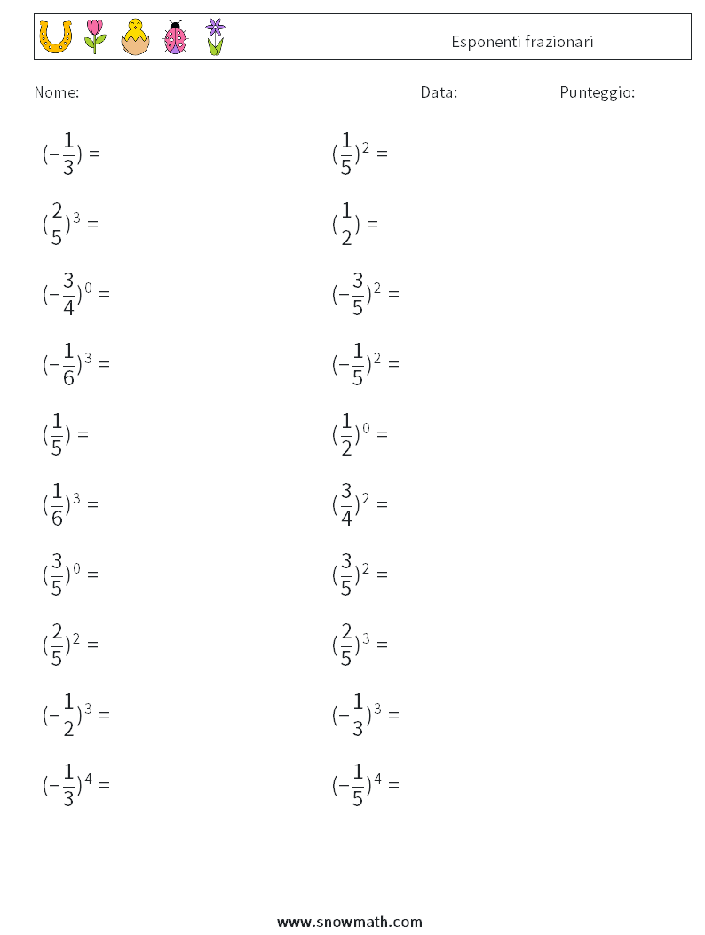 Esponenti frazionari Fogli di lavoro di matematica 6