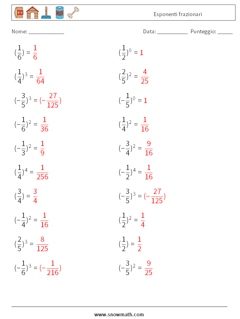 Esponenti frazionari Fogli di lavoro di matematica 7 Domanda, Risposta