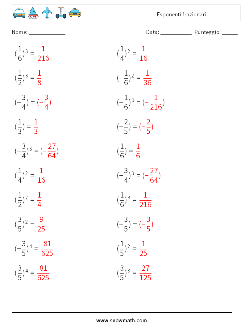 Esponenti frazionari Fogli di lavoro di matematica 9 Domanda, Risposta