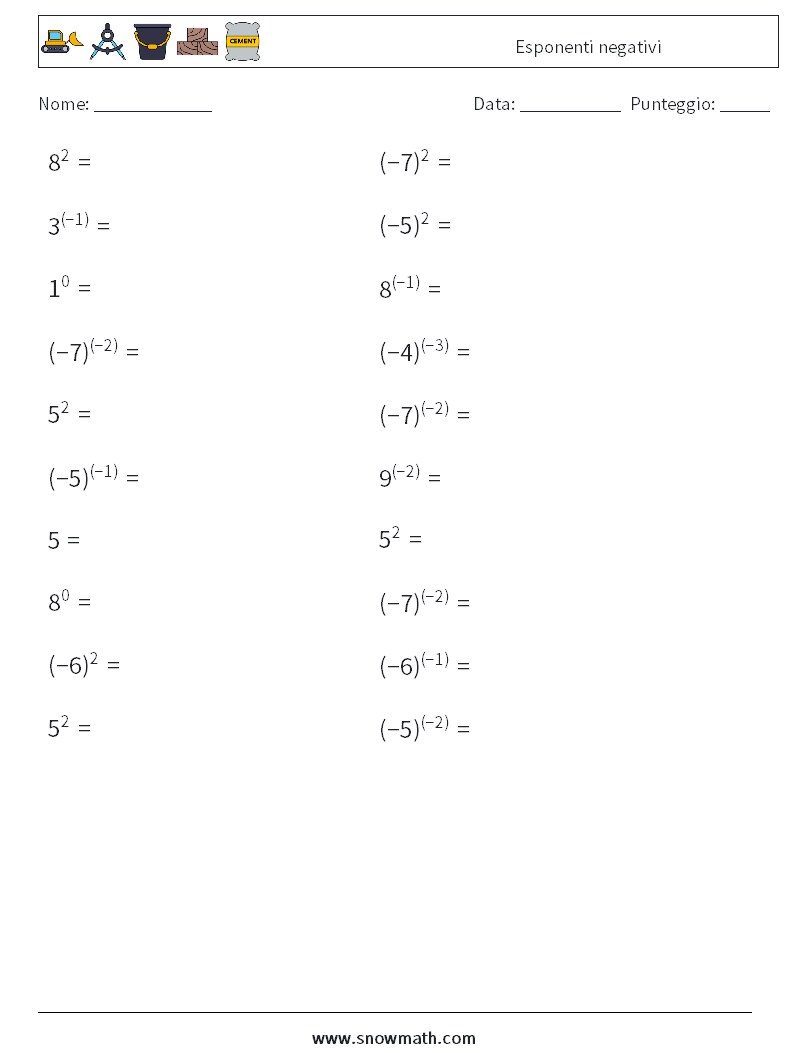  Esponenti negativi Fogli di lavoro di matematica 1