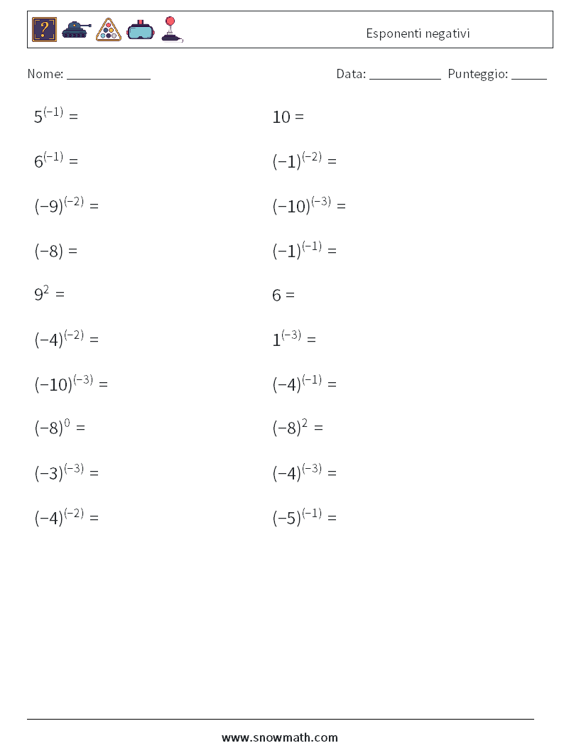  Esponenti negativi Fogli di lavoro di matematica 6