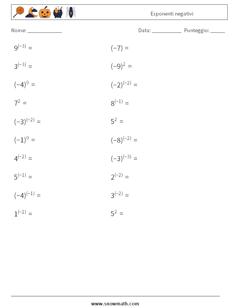  Esponenti negativi Fogli di lavoro di matematica 7