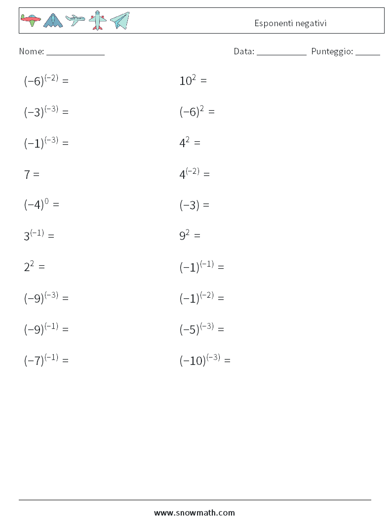  Esponenti negativi Fogli di lavoro di matematica 8