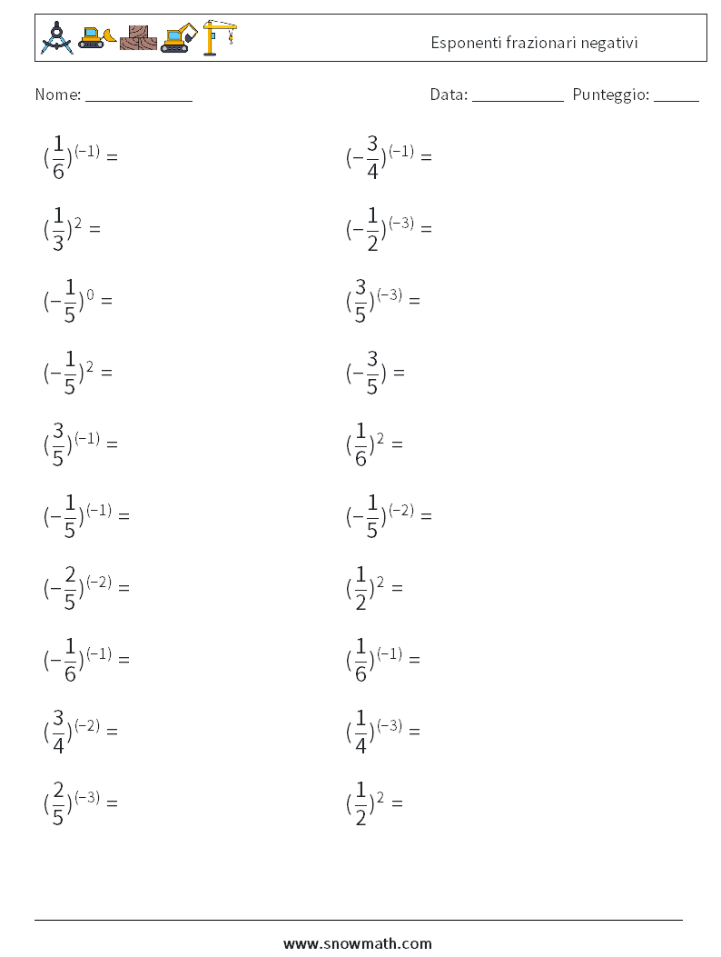 Esponenti frazionari negativi Fogli di lavoro di matematica 1