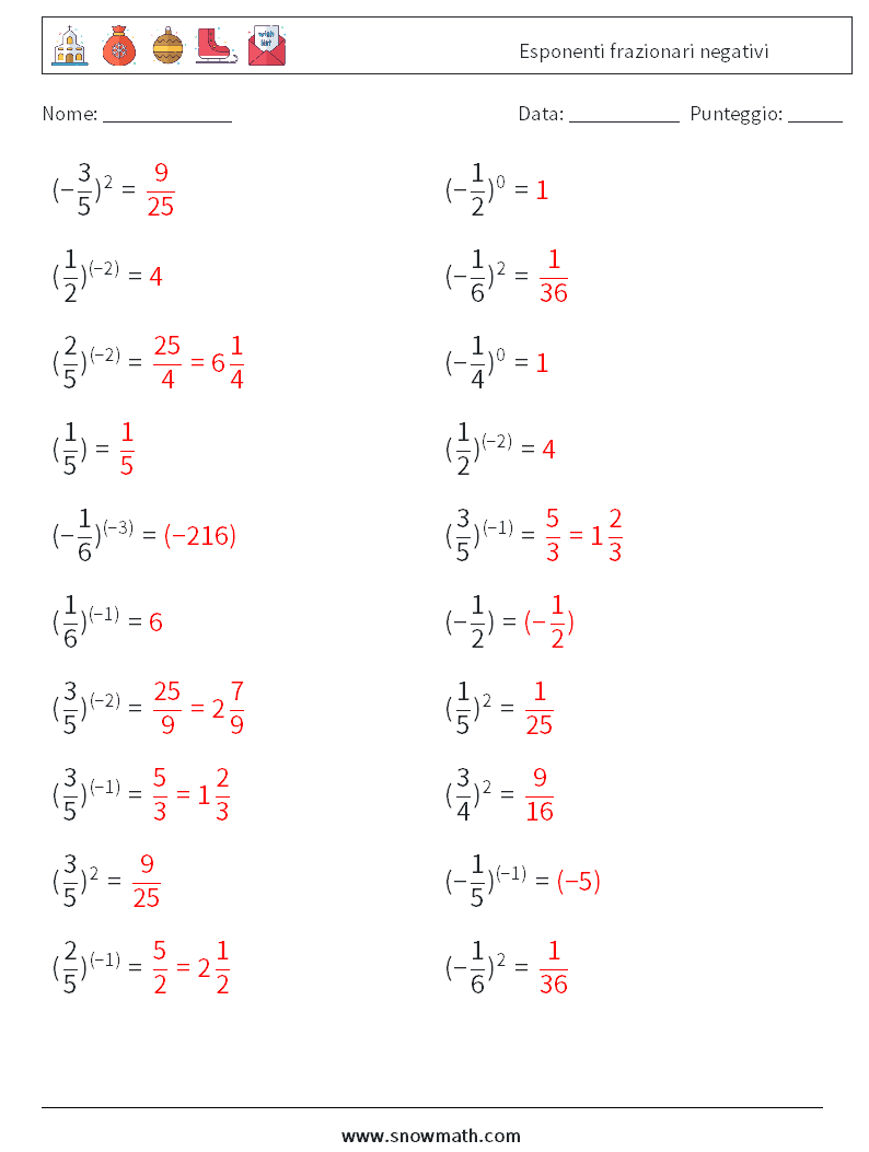 Esponenti frazionari negativi Fogli di lavoro di matematica 3 Domanda, Risposta