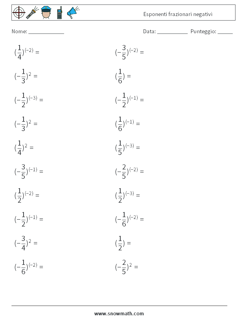 Esponenti frazionari negativi Fogli di lavoro di matematica 7