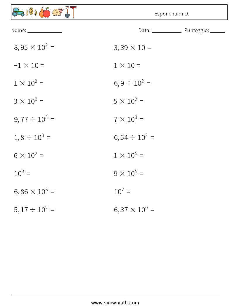 Esponenti di 10 Fogli di lavoro di matematica 1