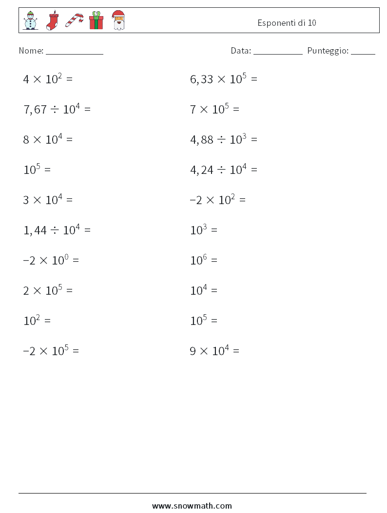 Esponenti di 10 Fogli di lavoro di matematica 3