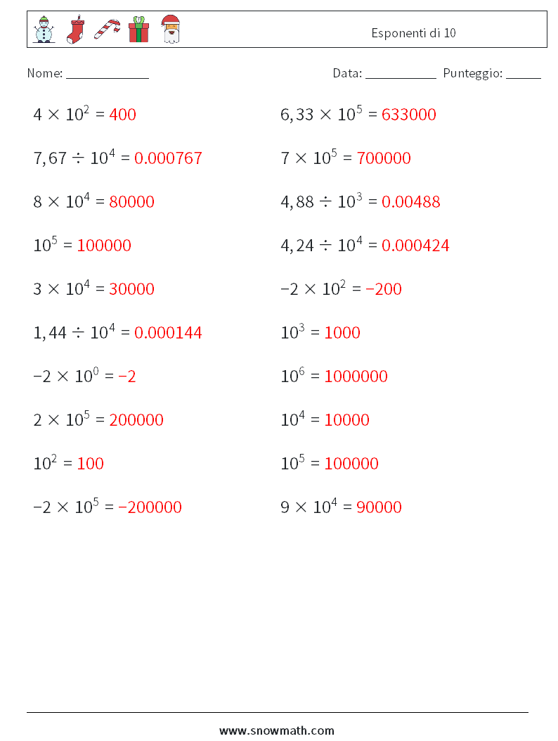 Esponenti di 10 Fogli di lavoro di matematica 3 Domanda, Risposta