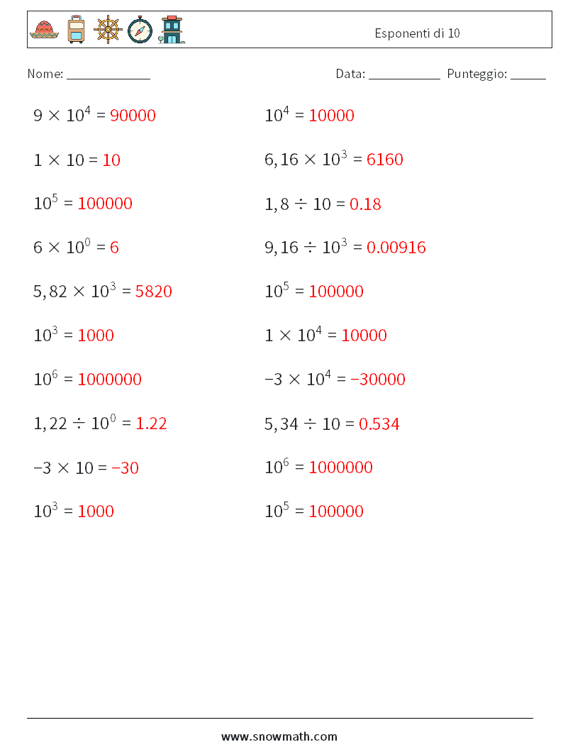 Esponenti di 10 Fogli di lavoro di matematica 4 Domanda, Risposta
