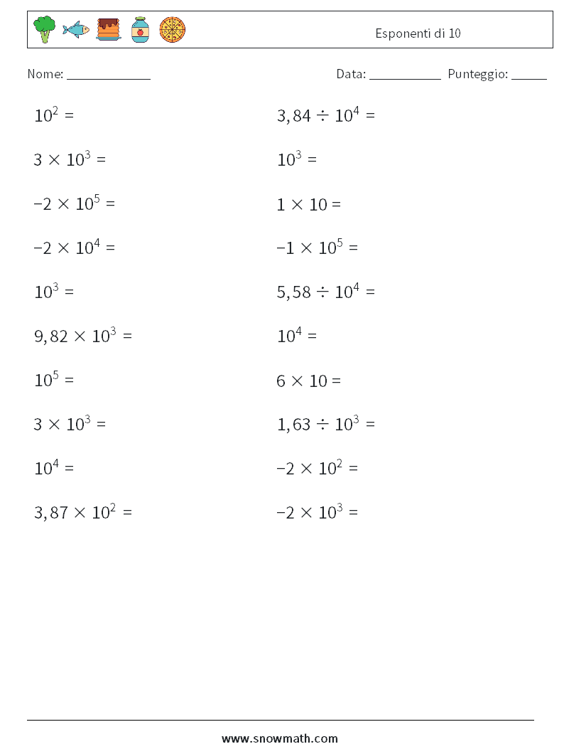 Esponenti di 10 Fogli di lavoro di matematica 5