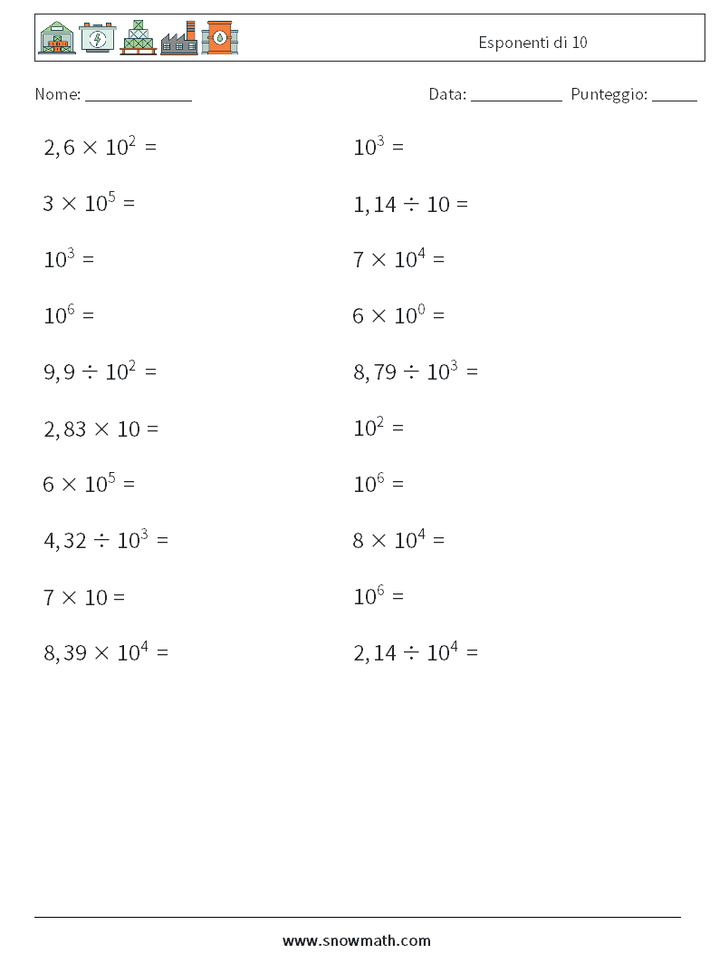 Esponenti di 10 Fogli di lavoro di matematica 6