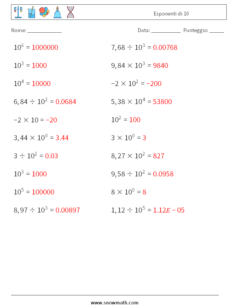 Esponenti di 10 Fogli di lavoro di matematica 7 Domanda, Risposta