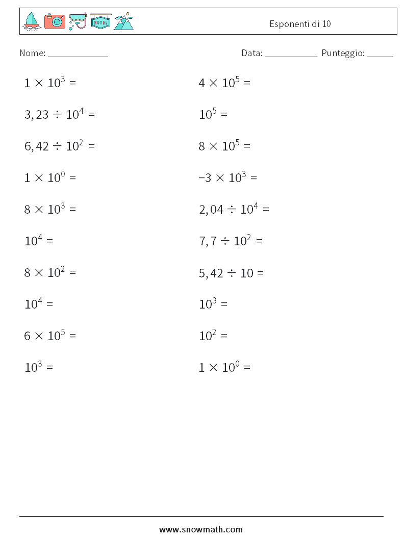 Esponenti di 10 Fogli di lavoro di matematica 8