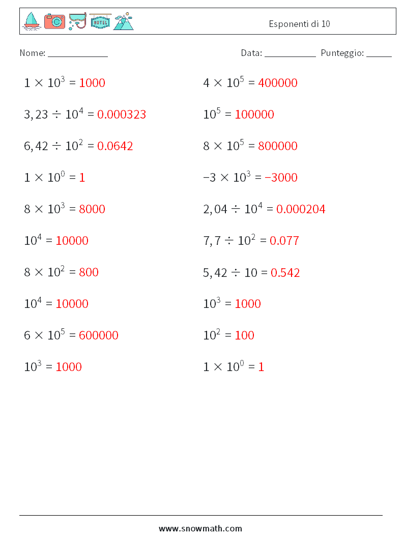 Esponenti di 10 Fogli di lavoro di matematica 8 Domanda, Risposta