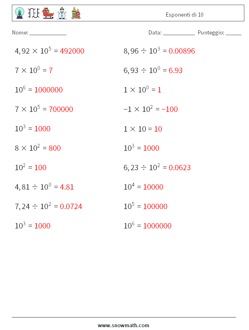 Esponenti di 10 Fogli di lavoro di matematica 9 Domanda, Risposta